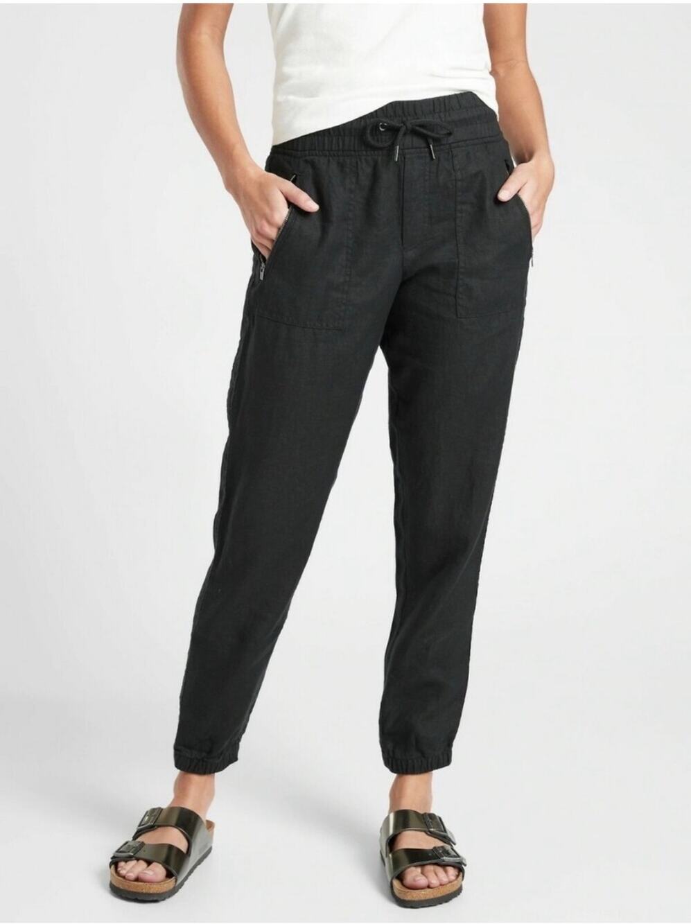 Athleta Pants Womens 6 Black Cabo Linen Jogger Tapered Travel Casual Sporty